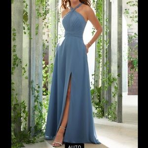 MORILEE - cream HALTER NECK RUCHED GOWN W/POCKETS